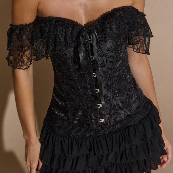 Black Women's Lace Front Tie Off-Shoulder Blouse - Picture 6 of 7